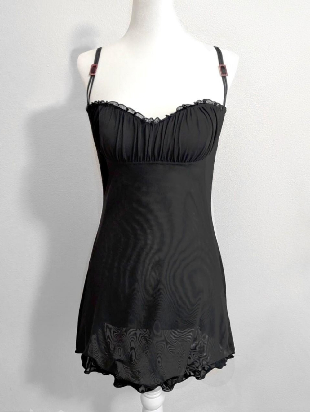 Vintage Cabernet Black Micromesh Lace Trim Mini Slip Dress | Size S Title